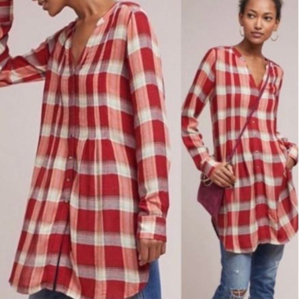 ANTHROPOLOGIE AKEMI & KIN Red White Plaid Tunic Dress Shirt Wool Blend XS Light